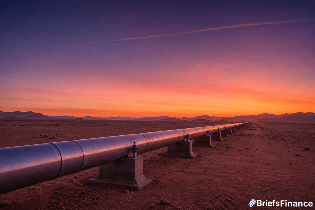 A long pipeline stretches across a desert landscape at sunrise, with mountains visible in the distance.