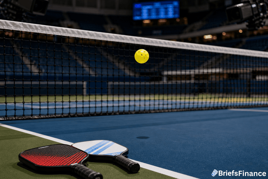Two pickleball paddles lie on the court near the net as a yellow pickleball hovers mid-air in an empty indoor stadium.