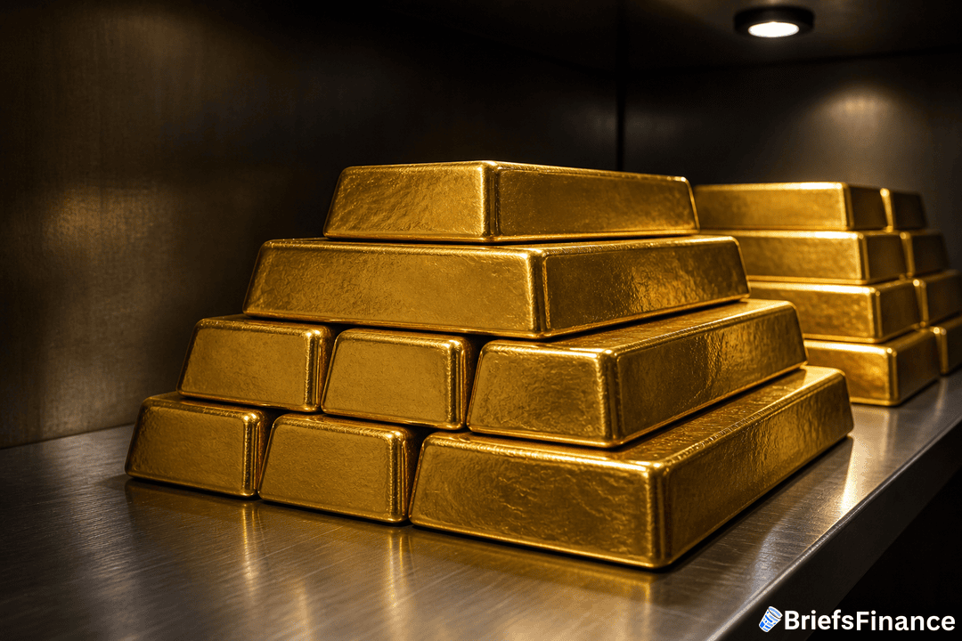 A stack of gold bars arranged in a pyramid shape on a metal shelf, with more bars in the background under warm lighting.