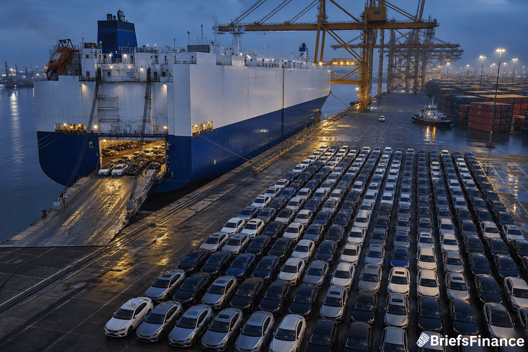 Rows of cars line a dock as vehicles are loaded onto a large cargo ship at a port during the evening, with cranes and containers visible in the background.