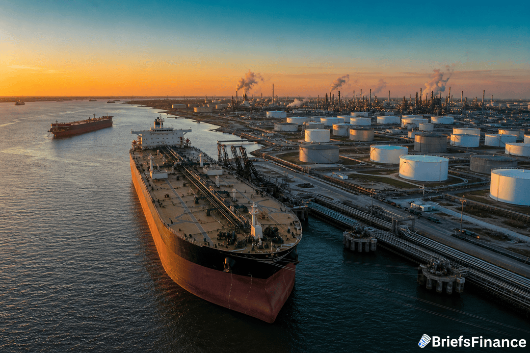 Aerial view of oil tankers docked at a port near large storage tanks and an oil refinery at sunset, with industrial infrastructure visible along the shoreline.