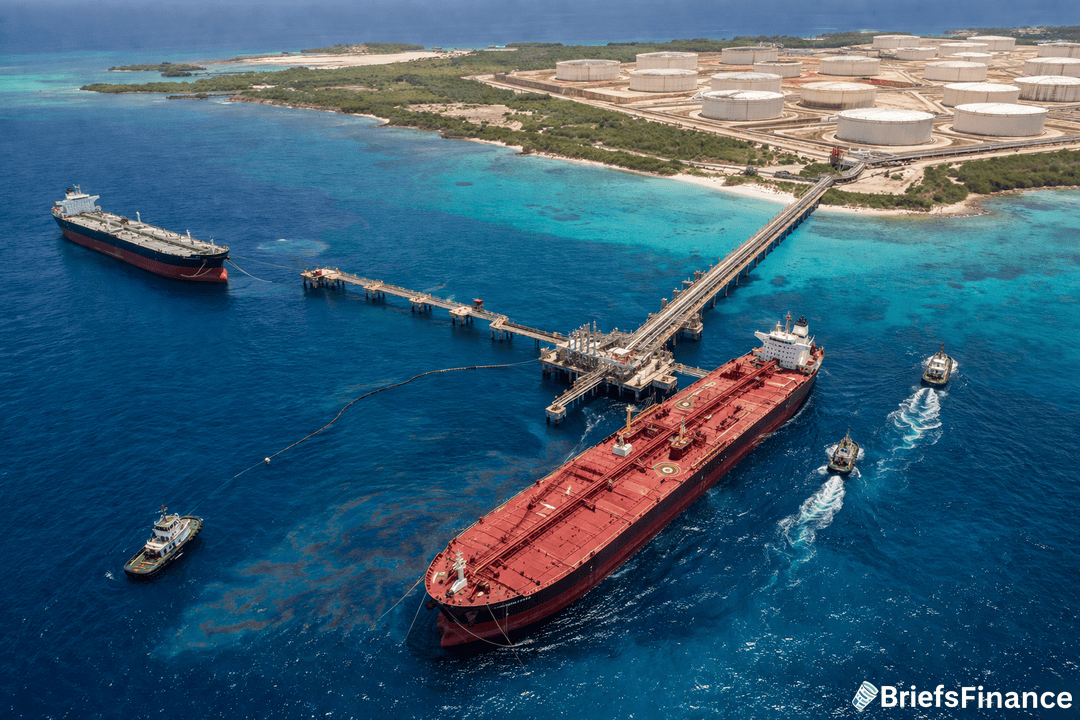 Aerial view of oil tankers docked at a pier near large storage tanks on shore, with tugboats assisting in a coastal industrial area.