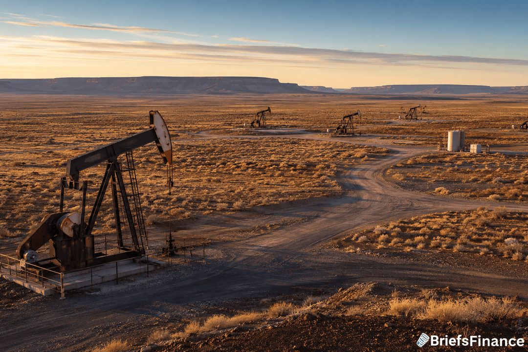 Oil pump jacks operate in a vast, arid landscape under a blue sky at sunset. Several pumps and equipment dot the dry, flat terrain, with distant mesas visible on the horizon.