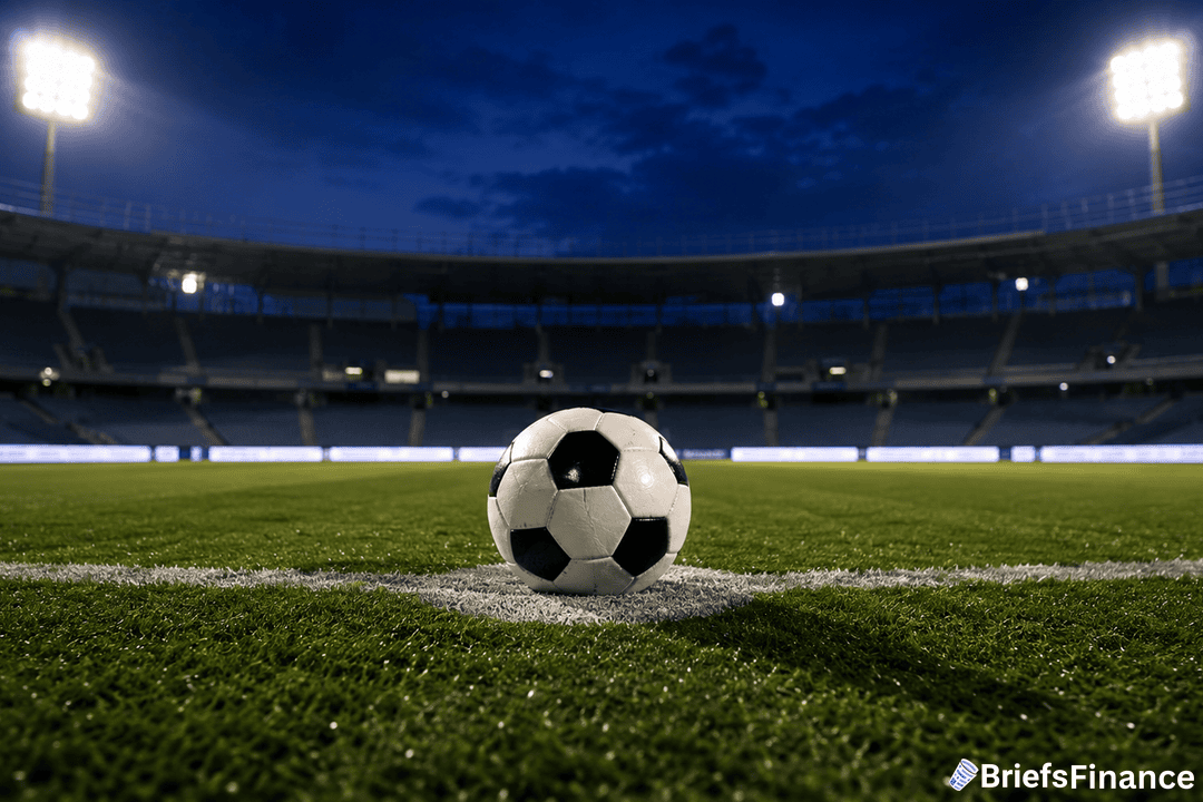 A soccer ball rests on the center field line of an empty, illuminated stadium at dusk under a deep blue sky. The BriefsFinance logo appears in the bottom right corner.