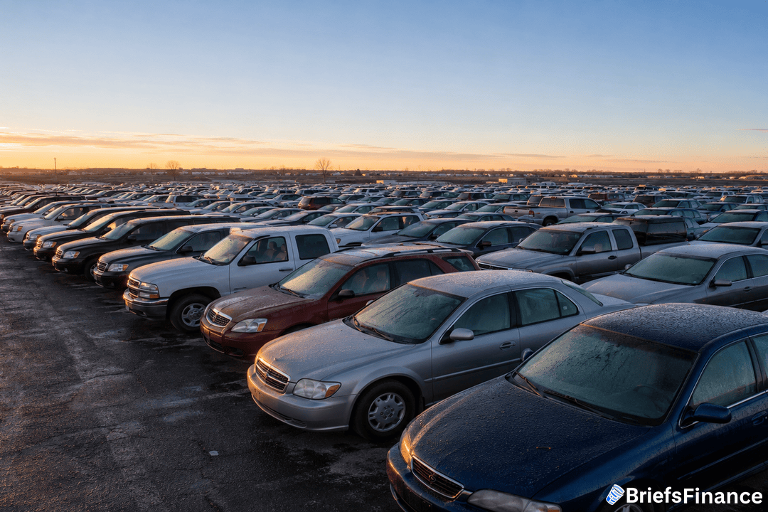 A large parking lot filled with rows of cars and trucks under a clear sky at sunrise, with frost visible on the vehicles. BriefsFinance is labeled in the bottom right corner.