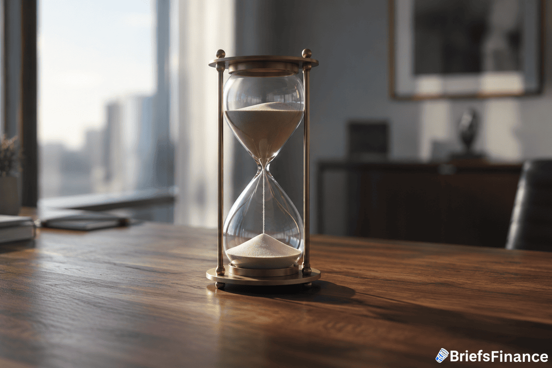 A brass hourglass sits on a wooden desk in a sunlit modern office, with sand flowing through it. The BriefsFinance logo is visible in the corner.
