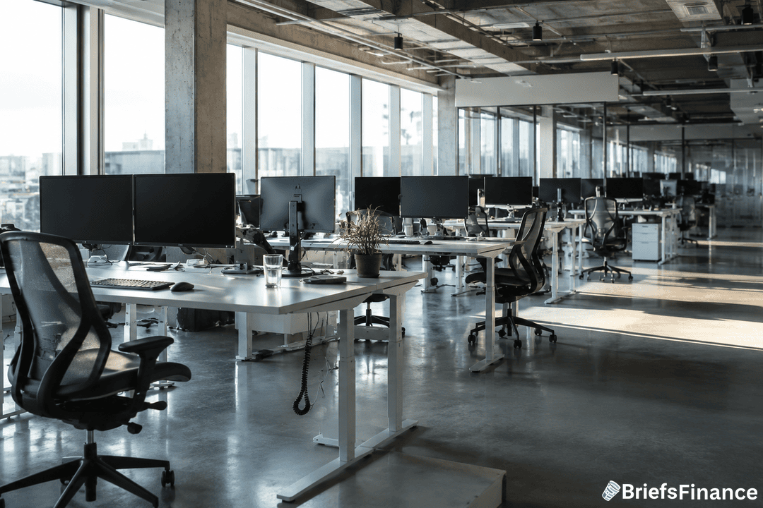 A modern open-plan office with rows of empty desks, computers, ergonomic chairs, and large windows letting in natural light. A potted plant and glass of water sit on a foreground desk. BriefsFinance logo in corner.