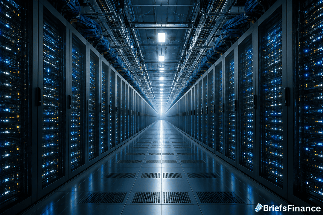 A futuristic data center corridor lined with server racks on both sides, illuminated by blue lights, with cables overhead and a glowing white light at the far end; BriefsFinance logo in the bottom right corner.