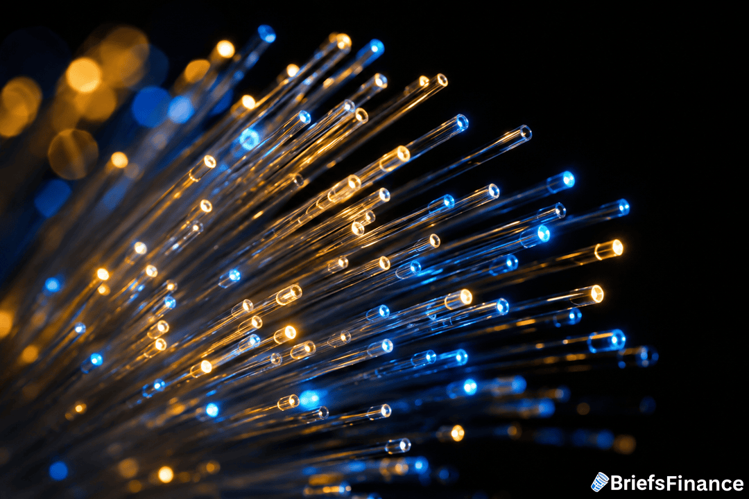 Close-up of illuminated fiber optic cables glowing in blue and yellow against a dark background. The BriefsFinance logo appears in the bottom right corner.