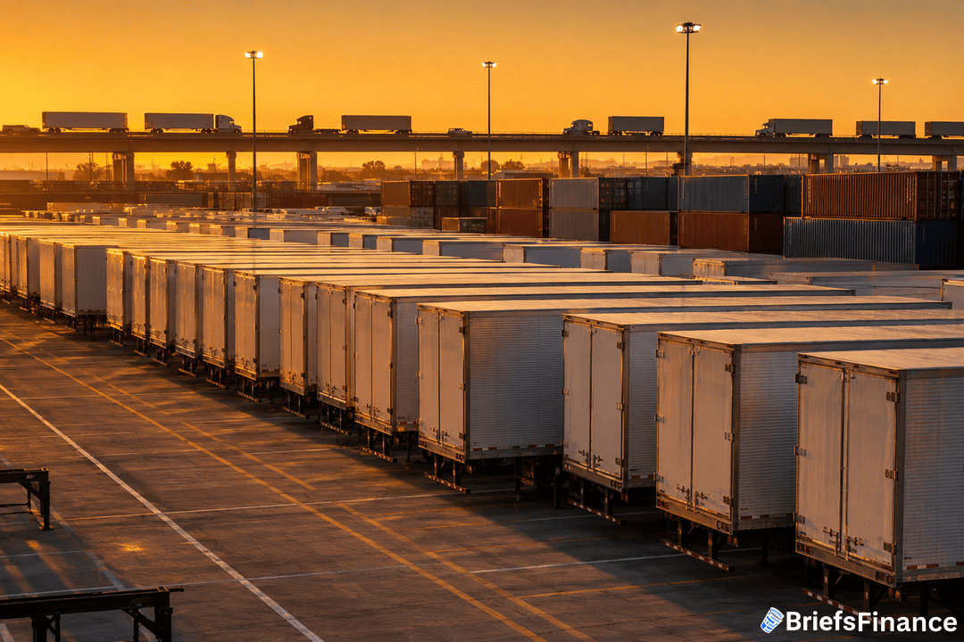 Rows of white freight trailers lined up in a shipping yard at sunset, with stacked cargo containers in the background and trucks crossing an overpass above. The BriefsFinance logo is in the bottom right corner.