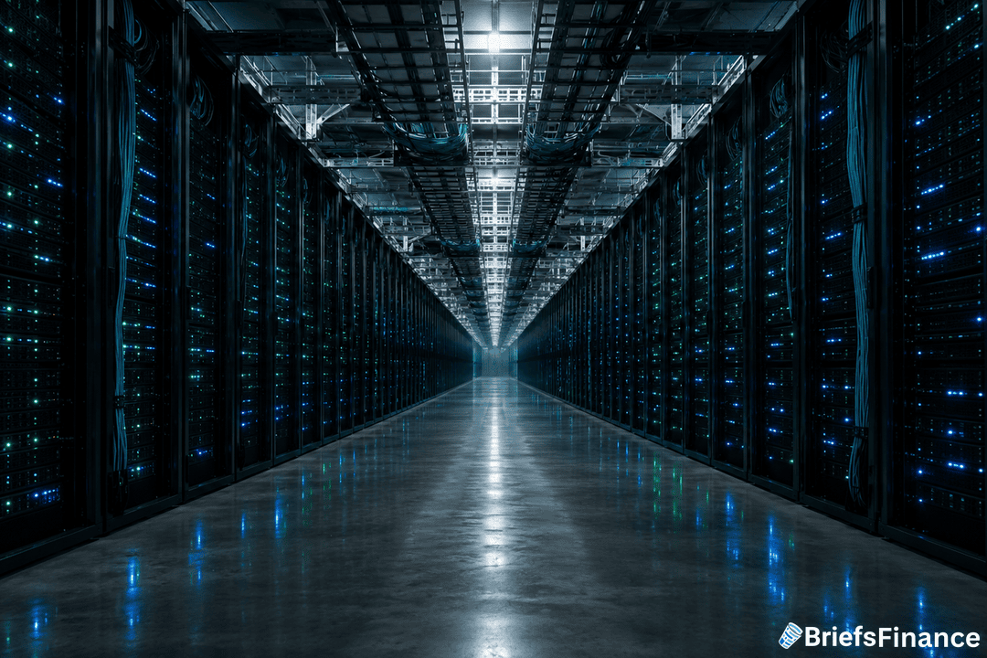 A long corridor inside a modern data center with rows of illuminated server racks on both sides; polished floor reflects the lights. BriefsFinance logo is visible in the bottom right corner.