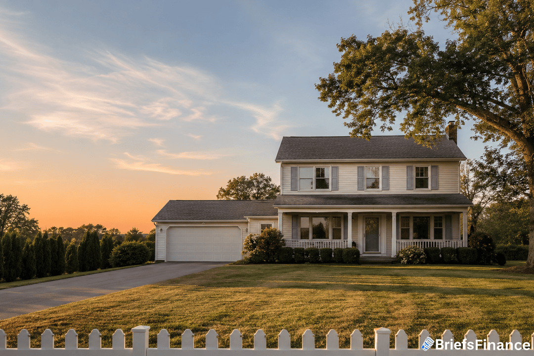 A two-story white house with a front porch, attached garage, and well-kept lawn sits behind a white picket fence at sunset. The sky is partly cloudy, and there are trees and shrubbery around the home.