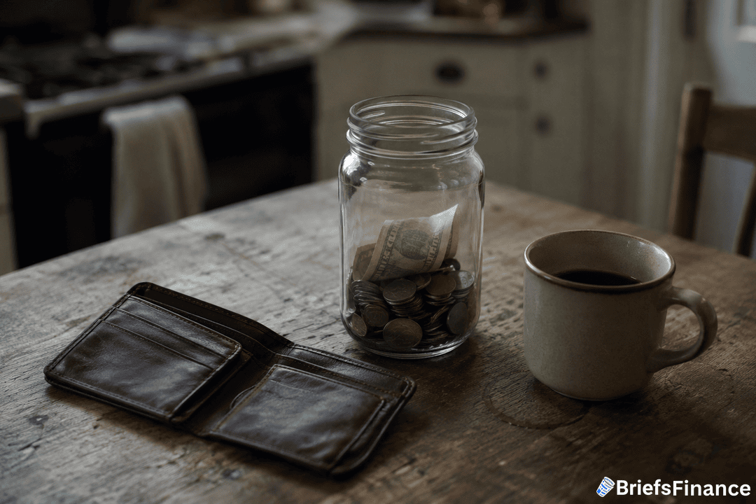 A glass jar with coins and a dollar bill, an open empty wallet, and a cup of coffee sit on a rustic wooden table in a kitchen. The BriefsFinance logo is visible in the bottom right corner.