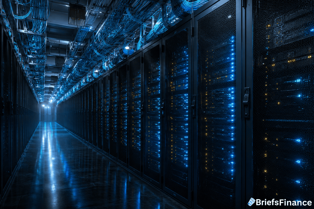 A long, dimly lit data center hallway with rows of server racks glowing with blue lights. Network cables are organized above the racks. The BriefsFinance logo is visible in the lower right corner.