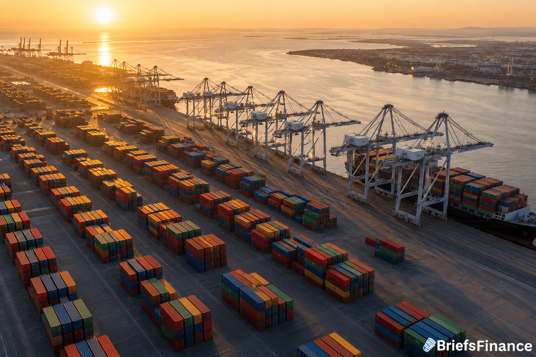 Aerial view of a busy shipping port at sunset, with rows of colorful cargo containers and large cranes along the waterfront. Ships are docked, and sunlight reflects off the water, highlighting the industrial landscape.