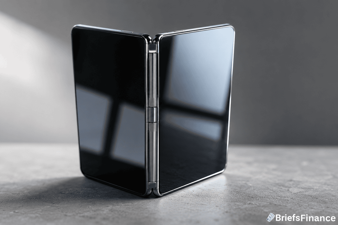 A modern foldable smartphone stands partially open on a gray surface, reflecting window light. The device has a sleek design with a visible hinge in the center. The BriefsFinance logo appears in the image corner.
