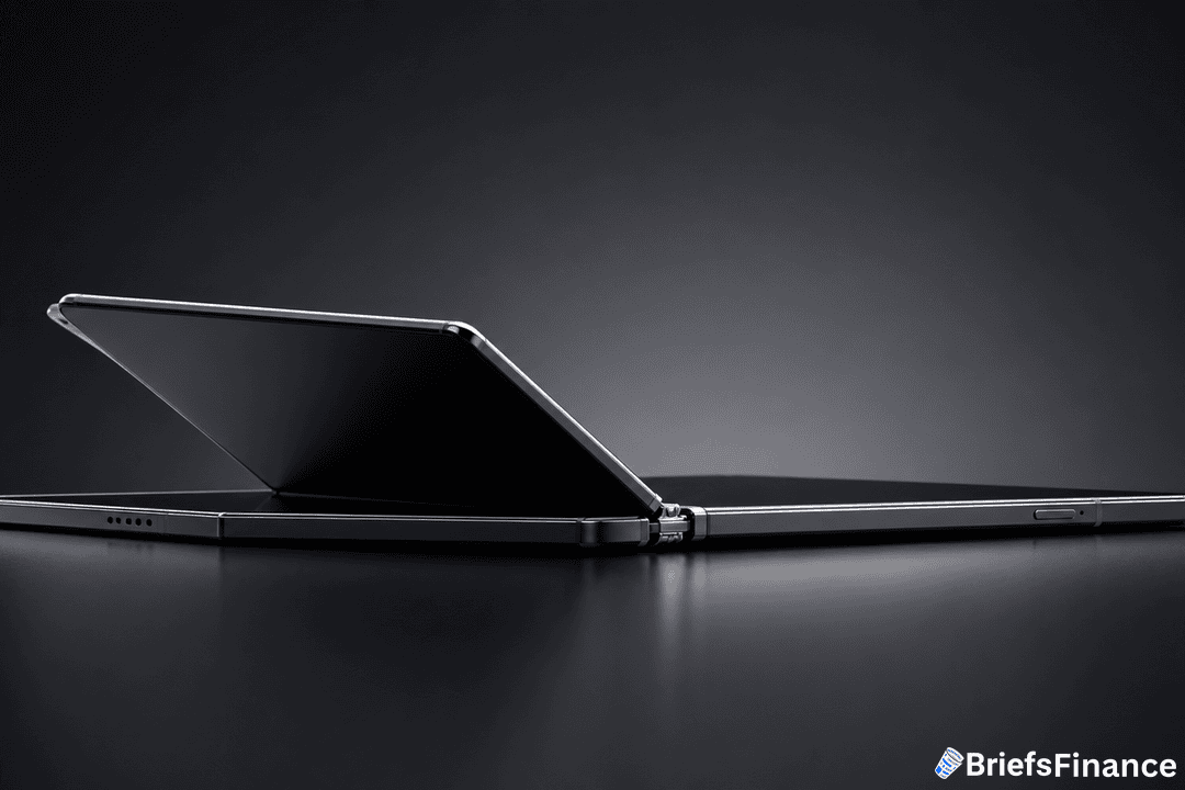 A sleek, modern laptop partially opened on a dark surface with a minimalist, professional background. The BriefsFinance logo is visible in the bottom right corner.