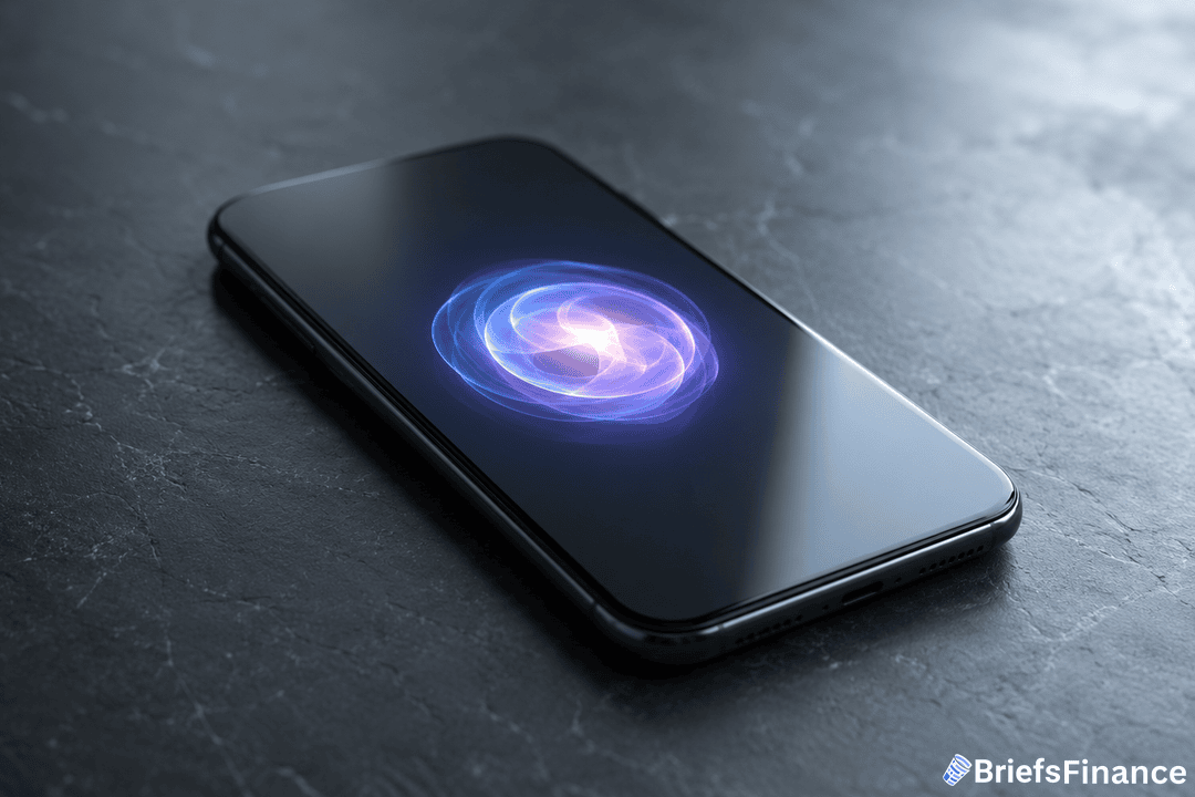 A smartphone lies on a dark stone surface, displaying a glowing, swirling blue and purple energy symbol on its screen. The image has a small BriefsFinance logo in the bottom right corner.