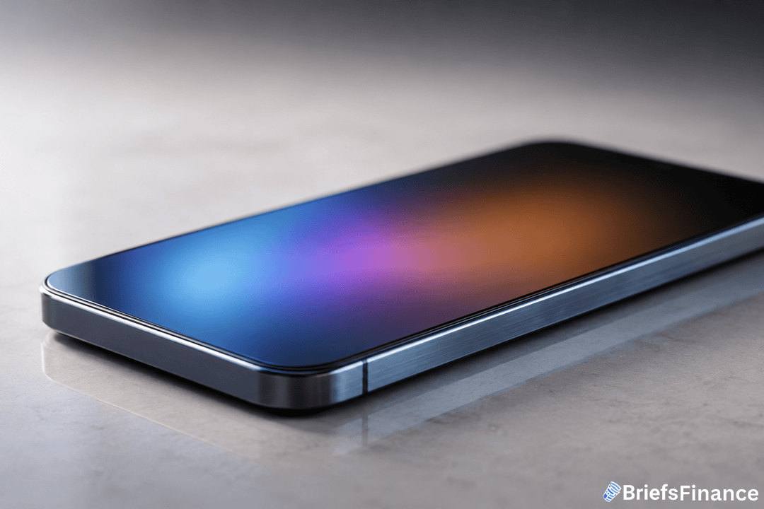 A modern smartphone with a reflective screen displaying colorful light, lying flat on a light-colored surface. The BriefsFinance logo appears in the bottom right corner.