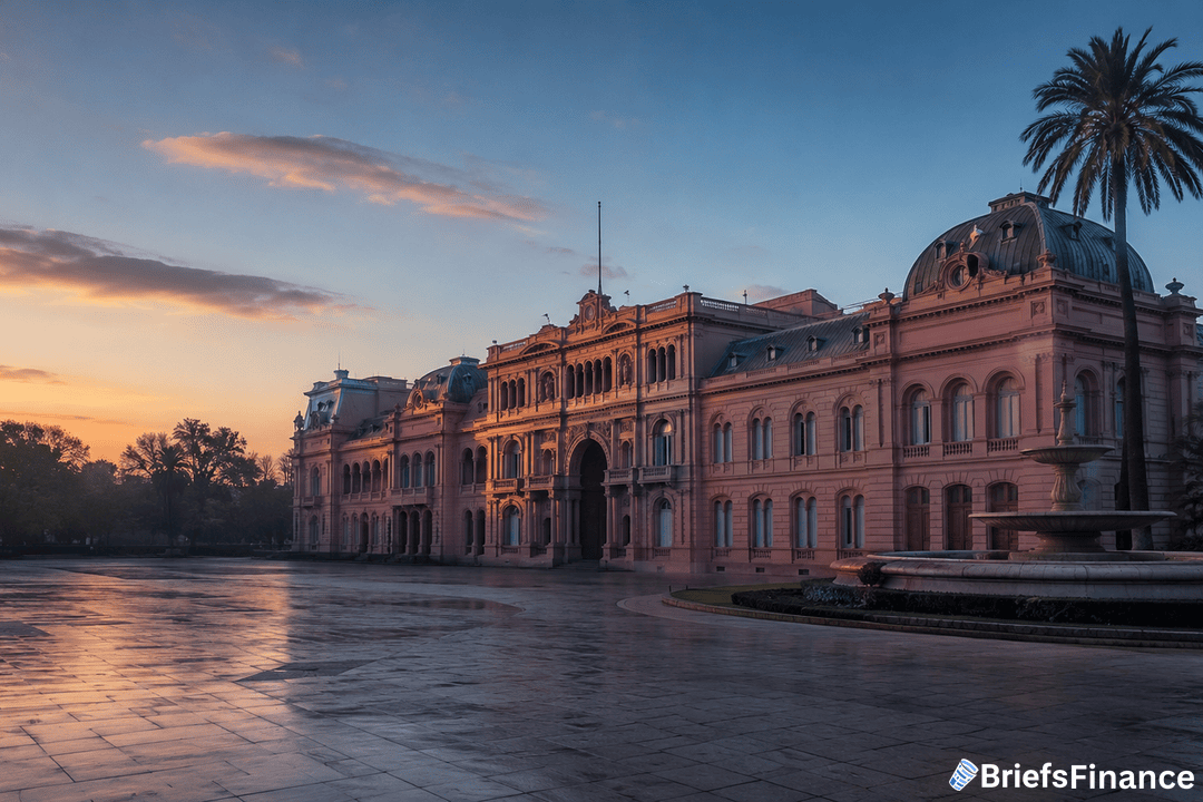 The Pink House (Casa Rosada) in Buenos Aires, Argentina, is seen at sunrise with a palm tree and a fountain in the foreground, and the BriefsFinance logo in the corner.