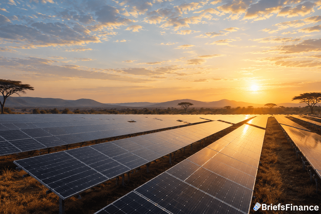 Rows of solar panels in a field reflect the sunlight at sunrise or sunset, with a scenic landscape of distant hills and scattered trees under a partly cloudy sky. A BriefsFinance logo is in the bottom right corner.