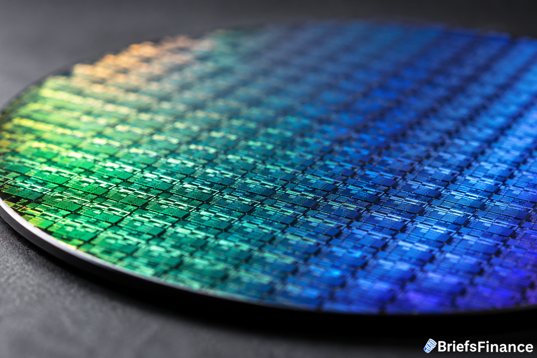 A close-up view of a silicon wafer with a grid of microchips, reflecting colorful light. The BriefsFinance logo appears in the bottom right corner.