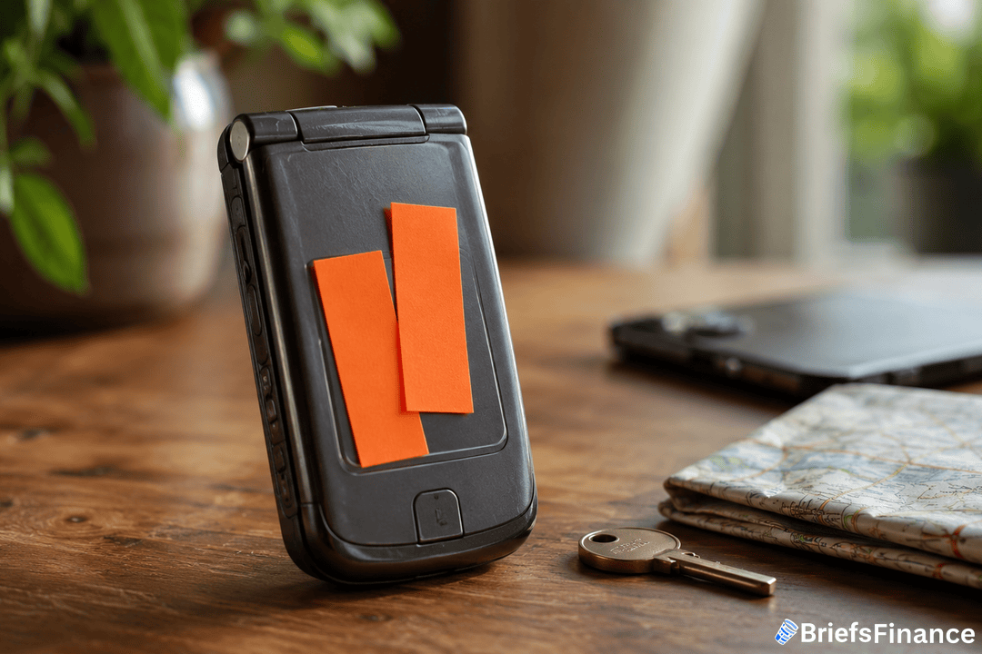 A black flip phone with two orange sticky notes on it sits on a wooden table next to a key, a map, and a blurred smartphone in the background. The BriefsFinance logo is in the bottom right corner.