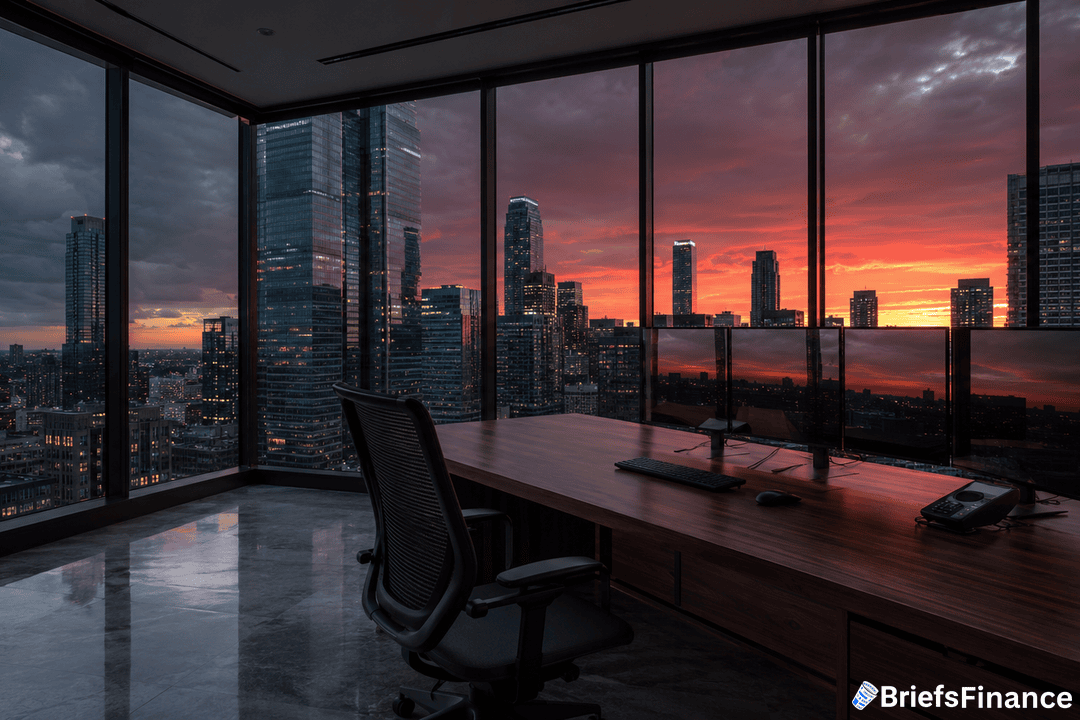 A modern office with a large desk and chair overlooks a city skyline at sunset, featuring tall glass buildings and dramatic orange and red clouds through floor-to-ceiling windows. The BriefsFinance logo appears in the bottom right corner.