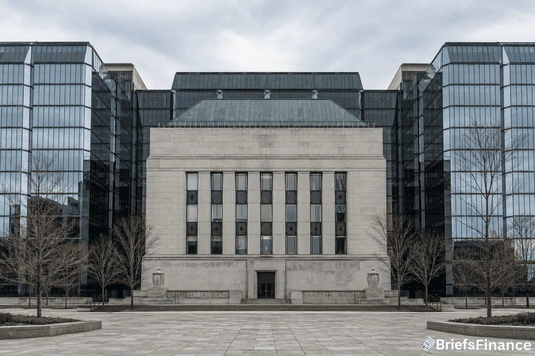 A large, modern government building with a central stone facade, tall windows, and glass wings on both sides, surrounded by leafless trees and a paved plaza under a cloudy sky.