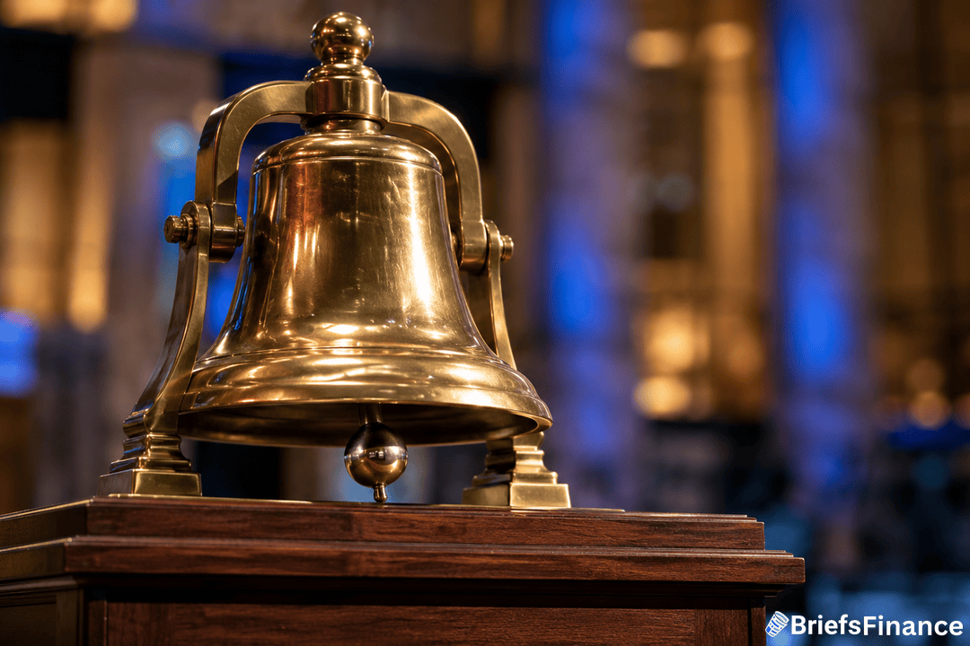 A shiny brass bell sits on a wooden base in a financial setting, with blurred blue and gold lights in the background. The image includes the BriefsFinance logo in the lower right corner.