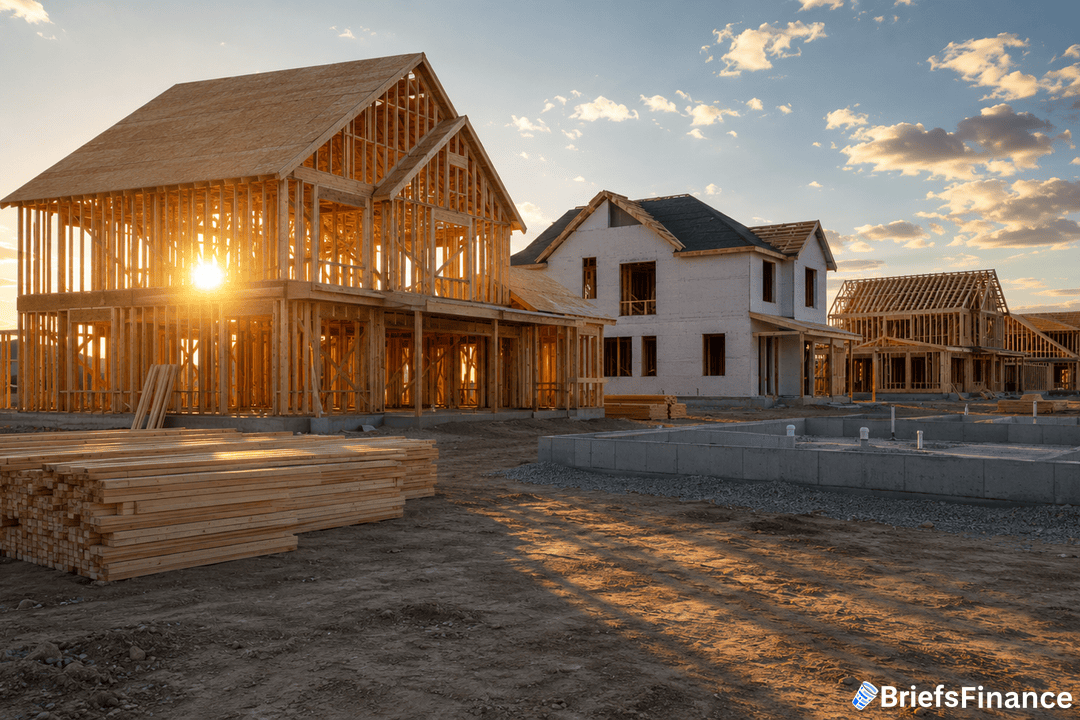 Wood-framed houses under construction at sunset, with stacks of lumber in the foreground and a finished house in the background, on a dirt lot. Logo for BriefsFinance is in the bottom right corner.