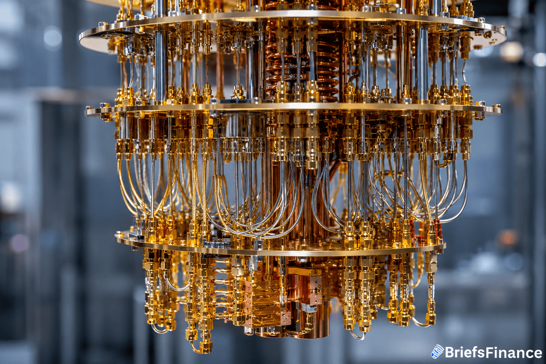 A close-up view of a quantum computer component with multiple golden wires, connectors, and circular layers, showcasing intricate engineering; BriefsFinance logo is visible in the corner.