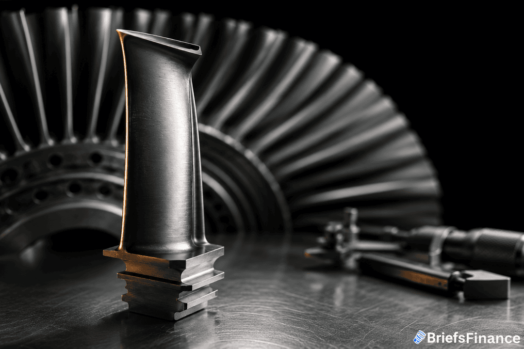 A close-up of a shiny, metallic turbine blade stands upright on a reflective surface, with turbine components and measuring tools blurred in the background. The BriefsFinance logo appears in the bottom right corner.