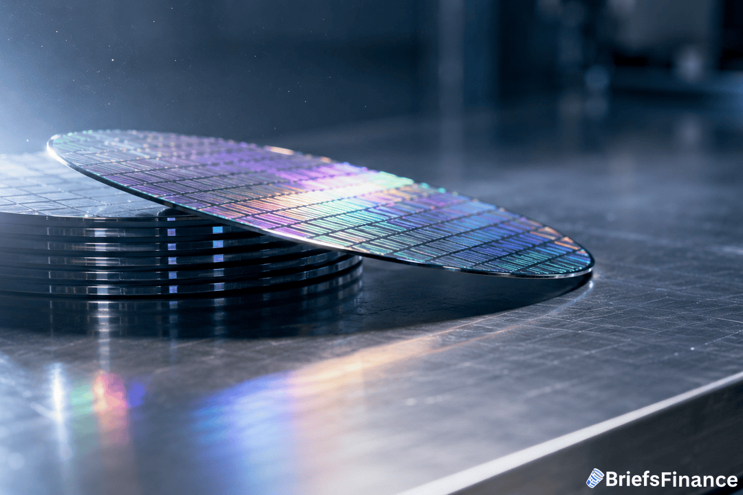 A stack of silicon wafers with a rainbow-like sheen sits on a reflective metal surface in a high-tech environment. The BriefsFinance logo is in the bottom right corner.