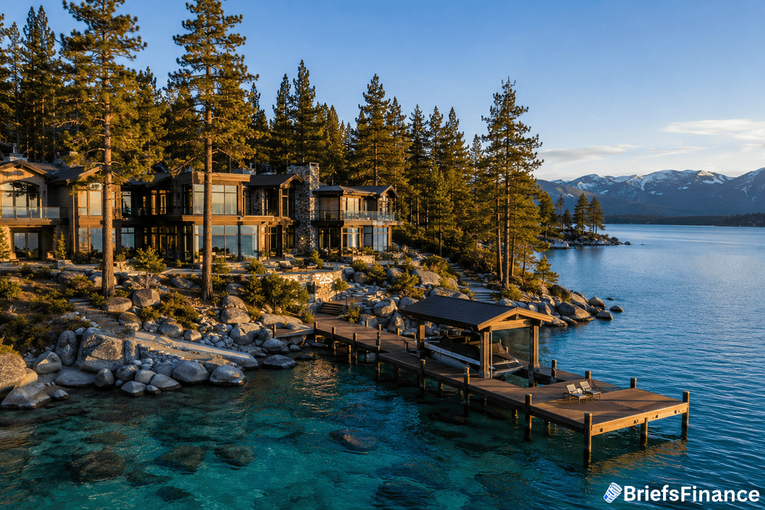 Modern lakeside mansion surrounded by pine trees, with large glass windows and wooden decks overlooking clear turquoise water; a dock extends into the lake, with mountains visible in the background at sunset.