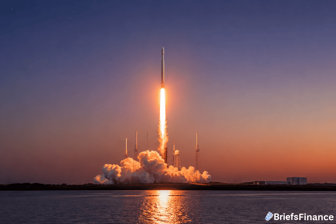 A rocket launches into the sky at sunset, leaving a bright trail of fire and smoke, silhouetted against a clear sky with water in the foreground. The BriefsFinance logo appears in the bottom right corner.