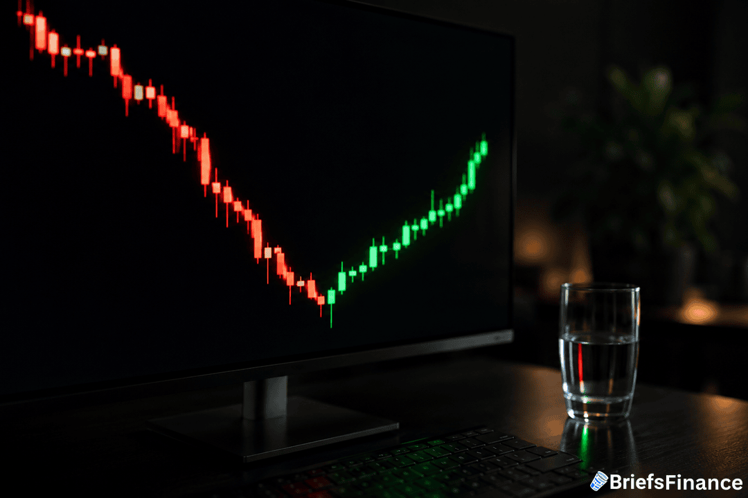 A computer monitor displays a candlestick chart with red bars trending downward, followed by green bars rising upward. A glass of water and a keyboard are on the dark desk. The BriefsFinance logo is in the lower right corner.