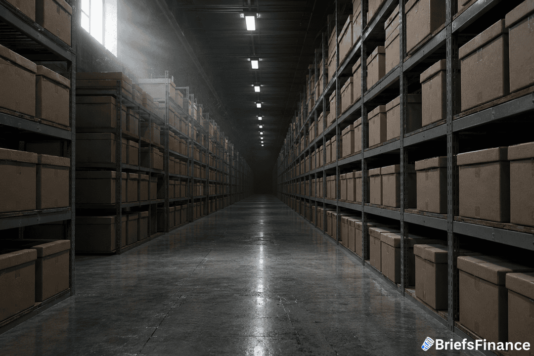 Rows of shelves filled with brown cardboard boxes line both sides of a large, dimly lit warehouse. Sunlight streams in from above, and the BriefsFinance logo appears in the bottom right corner.