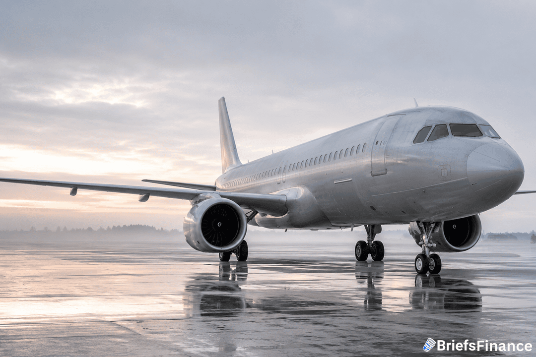 A large commercial airplane sits on a wet runway at sunrise or sunset, with light clouds in the sky and a faint reflection of the aircraft on the ground. The logo BriefsFinance is in the bottom right corner.