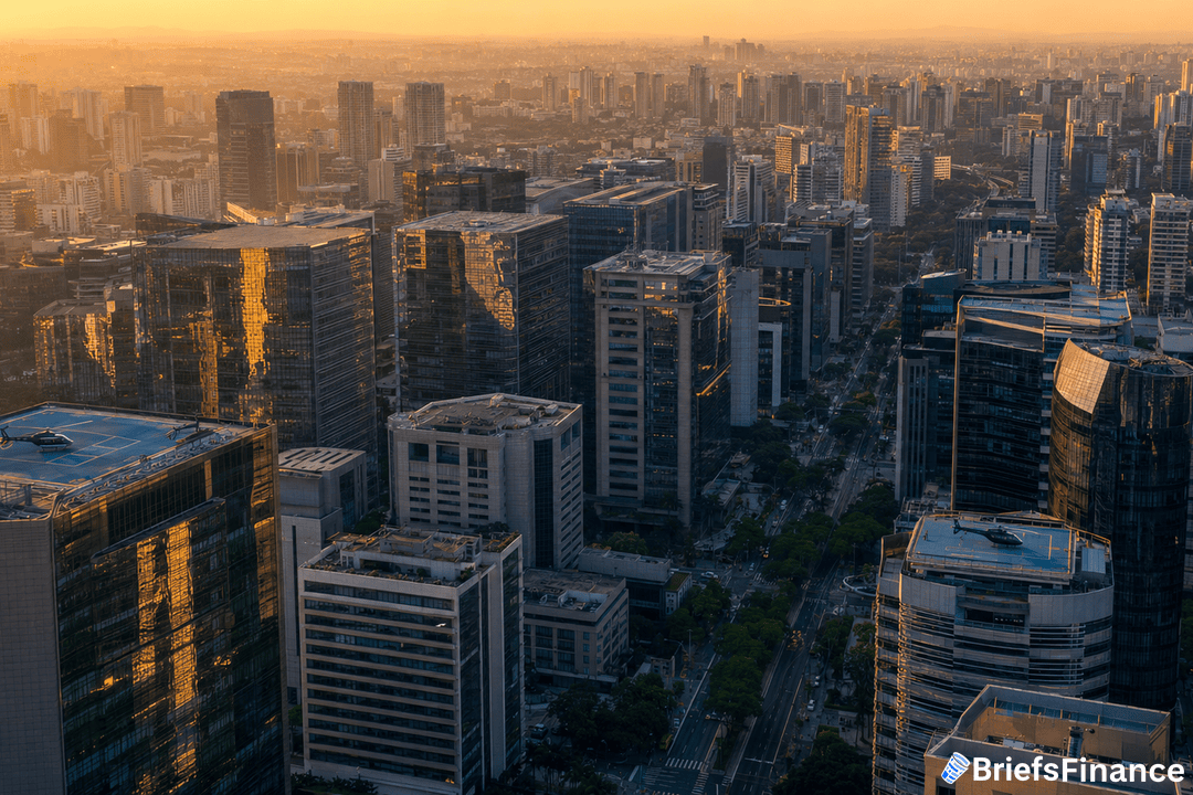 Aerial view of a modern city skyline at sunset with tall glass skyscrapers reflecting golden light, busy streets below, and a hazy urban landscape stretching into the distance; BriefsFinance logo in the corner.