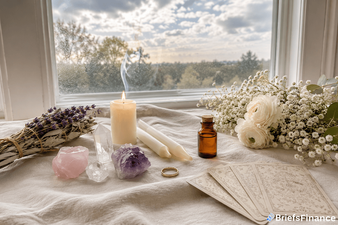A table by a window displays crystals, a burning candle, an amber bottle, a ring, tarot cards, dried lavender, and white flowers, with sunlight streaming in and trees visible outside.