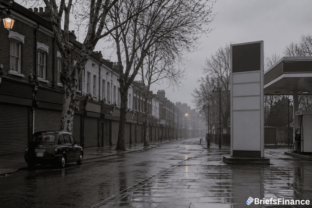 A deserted, rainy street with closed shopfronts, bare trees, a black taxi, and an empty gas station under a gray, overcast sky. The scene feels quiet and deserted.