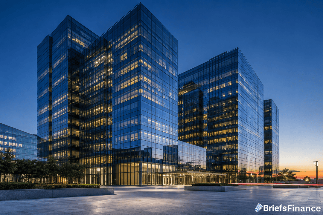 Glass office buildings stand illuminated at dusk, reflecting the deep blue sky. The BriefsFinance logo appears in the bottom right corner. The scene is calm, with some greenery and few lights in the plaza.