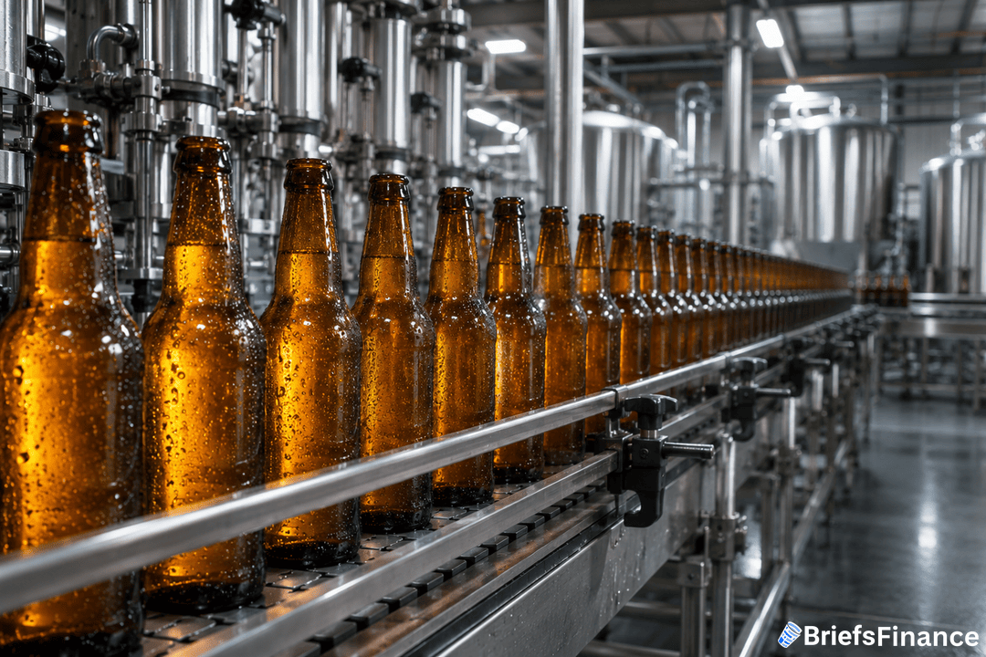 Rows of brown glass beer bottles on a conveyor belt in a brewery, surrounded by industrial stainless steel equipment and tanks, with condensation visible on the bottles.