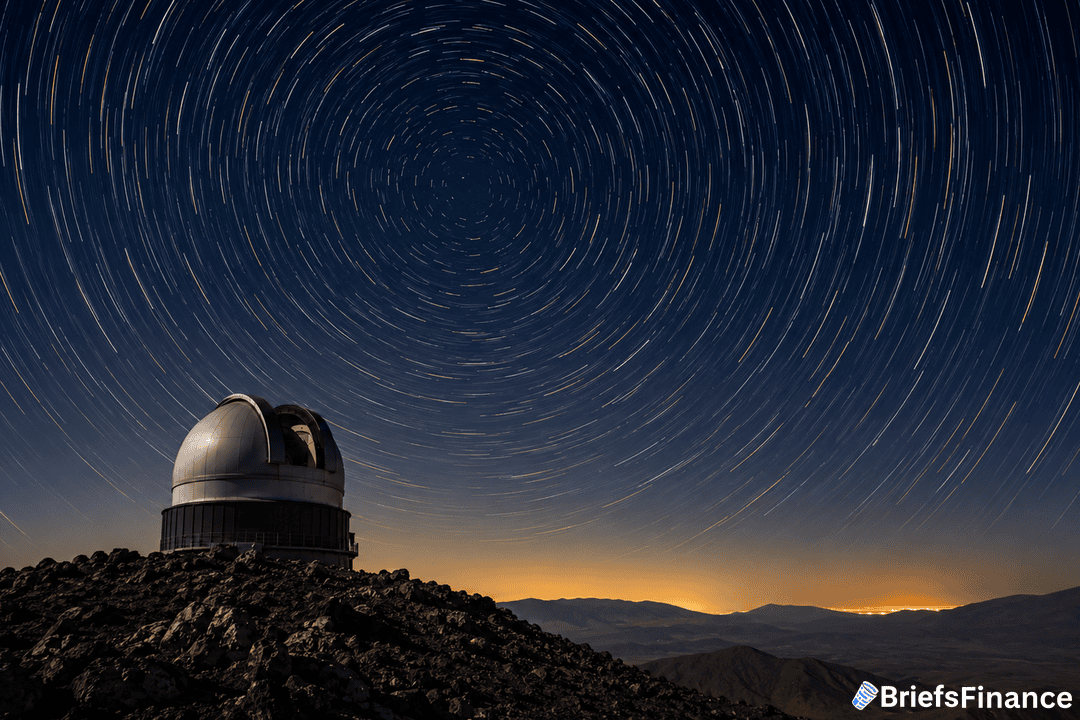An observatory dome sits on a rocky hill beneath a night sky filled with circular star trails, with mountains in the distance and a faint orange glow on the horizon. The BriefsFinance logo appears in the corner.