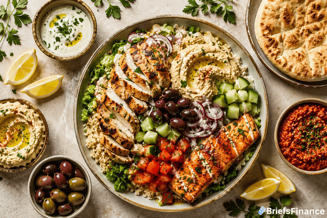 A Mediterranean platter with grilled chicken, salmon, hummus, cucumbers, tomatoes, red onions, olives, pita bread, lemon wedges, herbed sauce, and dips, garnished with parsley on a light table.