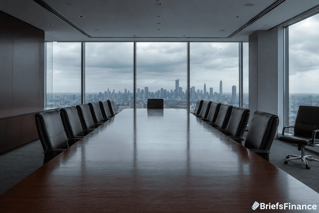 A large, empty boardroom with a long wooden table, black chairs on both sides, and floor-to-ceiling windows showing a city skyline under a cloudy sky. The BriefsFinance logo is in the bottom right corner.