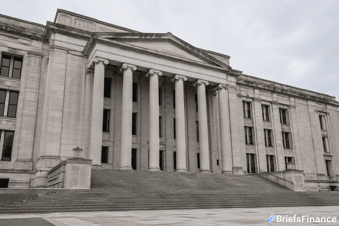 A large neoclassical building with tall columns, wide stone steps, and symmetrical windows under a cloudy sky. The BriefsFinance logo appears in the bottom right corner.