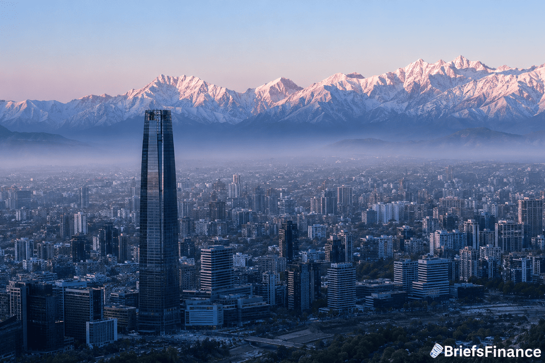 A cityscape at dawn shows tall buildings, including a prominent skyscraper, with mist over the city and snow-capped mountains in the background under a pinkish sky. BriefsFinance is visible in the lower right corner.