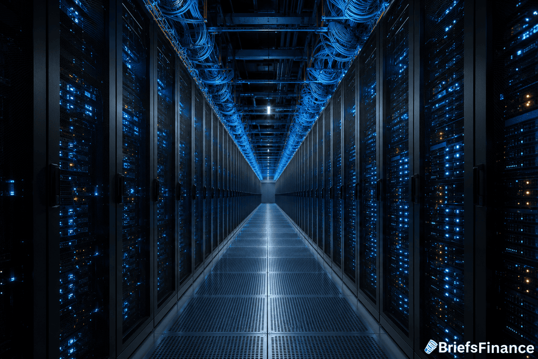 A long corridor in a data center lined with server racks on both sides, illuminated by blue LED lights. Cables run overhead, and the BriefsFinance logo is visible in the bottom right corner.